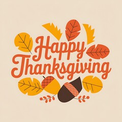 A festive and warm Thanksgiving design featuring orange typography vibrant autumn leaves detailed acorns on a light beige background pumpkins golden wheat twinkling fairy lights for a cozy ambiance