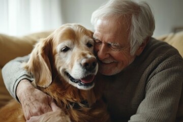 Elderly man enjoying a warm embrace with his golden retriever at home during a cozy afternoon