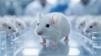 White laboratory mice in research facility under observation