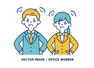 腰に手をあてて激怒する、男女の会社員のシンプルなベクターイラスト素材＿線の編集可能