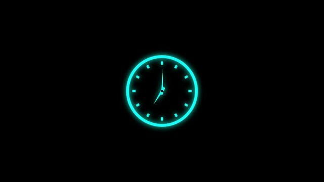 Glowing Simple analog Clock Loop, 12 hours  time lapse video .cyan wall Clock black background. 4K