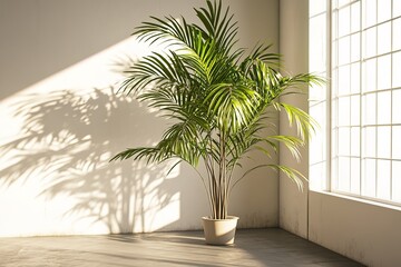 Fototapeta premium Indoor Palm Plant in Pot with Sunlight & Shadows Against White Wall Near Window