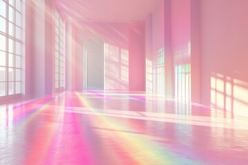 Pink Hallway Interior with Large Windows and Rainbow Light Reflections, Architecture