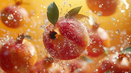 A close up of a red fruit with a leaf on top