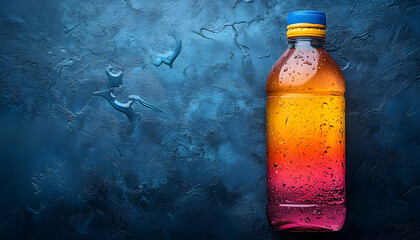 Bottled liquid blends yellow, orange, pink against blue textured backdrop with water droplets