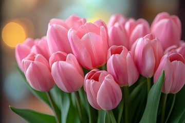 Bouquet of pink tulips with blurred light background
