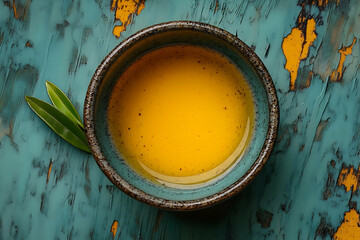 Bowl of broth with leaves sits on a teal and yellow textured surface