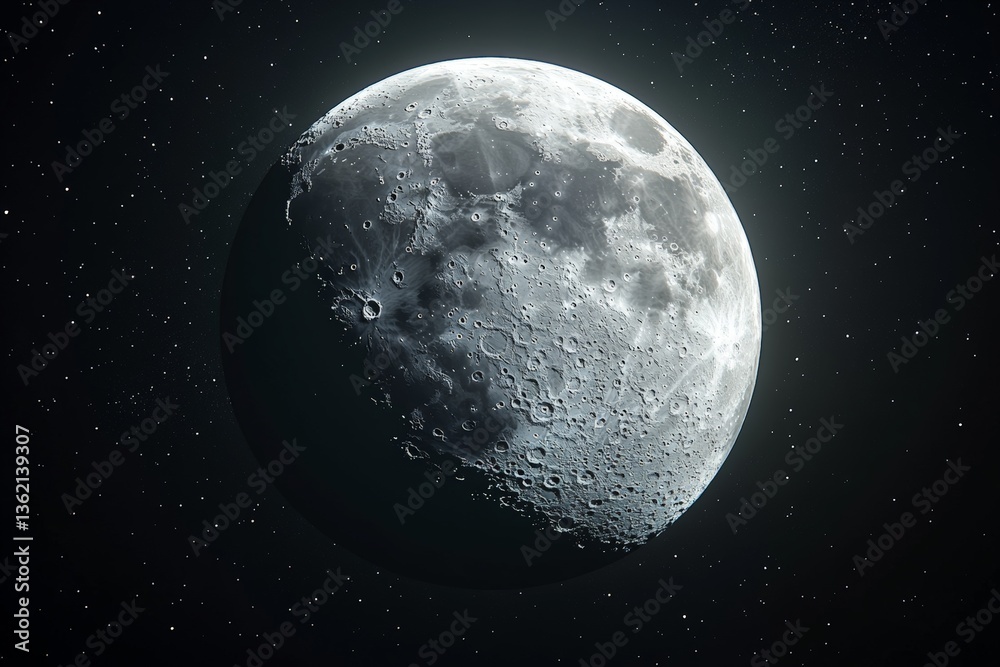 Poster gorgeous view of the moon highlighting its craters and surface features against a starry night sky