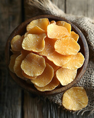 Bowl of sliced, dried orange fruit on burlap, wooden background, with one fruit piece isolated