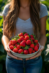 Bowl of strawberries held by person in field