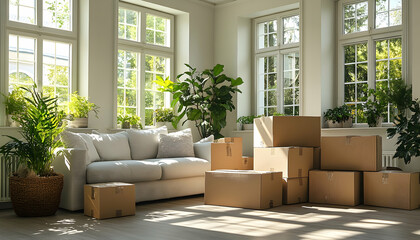 Boxes sit in a bright living room next to a sofa and houseplants