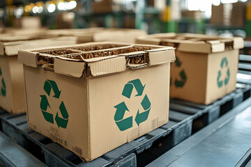 Boxes with green recycling symbols on a conveyor in a distribution center
