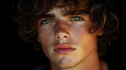 Boy with green eyes, freckles, and curly hair stares into the camera against a dark background