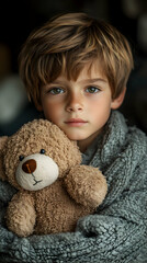 Boy with teddy bear wrapped in gray blanket, soft lighting, brown hair and green eyes