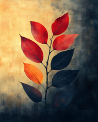 Branch with gradient leaves from red to blue, painted against a blended textured background