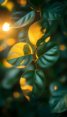 Branch with leaves bathed in a soft, golden sunlight creates a vibrant and warm aesthetic