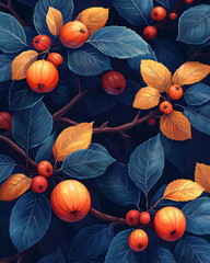 Branch with red berries and blue/yellow leaves