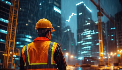 Fototapeta premium Construction Worker in Rain at Night in City