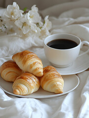 Breakfast in bed Croissants, coffee, white flowers, and crumpled linens