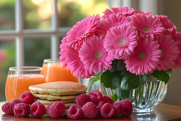 Breakfast Pancakes, juice, raspberries, & pink gerbera in front of a window