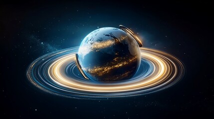 Futuristic rendering of Earth with orbiting rings and city lights visible