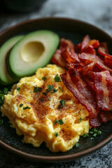 Breakfast plate with scrambled eggs, bacon, and sliced avocado