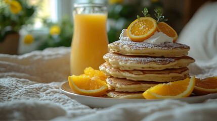 Breakfast still life stack of pancakes with orange slices and juice on textured fabric