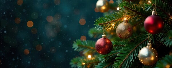 Decorated evergreen tree with sparkling ornaments and lights , evergreen tree, red and green colors