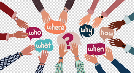 Obraz premium Hands of business people on transparent background with speech bubble with text -Who What Where When Why How- and question mark symbol. Problem solving or brainstorming concept