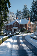 Brick house with snowy road, evergreens
