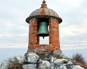 Brick tower bell on stone base, weathered dome & cross against a sky