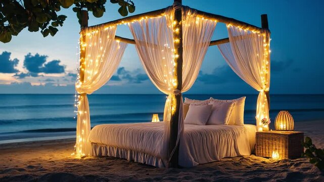 A romantic honeymoon setup on the beach, featuring a canopy bed with white linens and fairy lights.