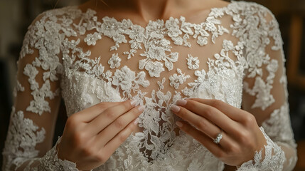 Bride adjusting lace gown