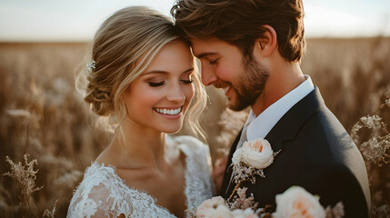 Bride and groom embracing in a field, smiling with eyes closed