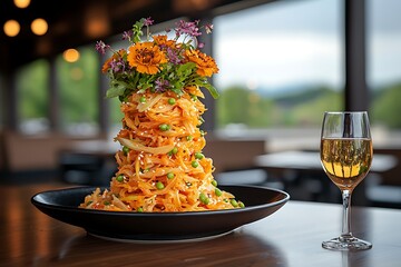 Spicy pasta tower with restaurant, and flowers.