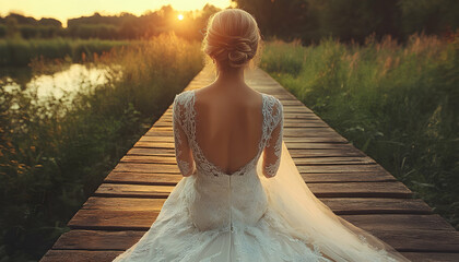 Bride gazes at sunset over a boardwalk and river