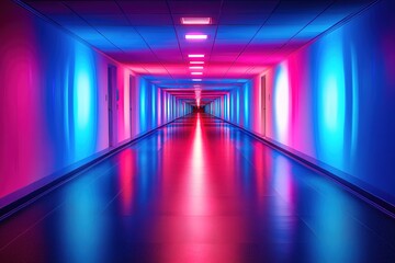 Illuminated Long Hallway Interior with Doors, Ceiling Lights, and Blue to Red Gradient