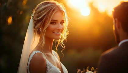 Bride gazes lovingly at her groom during golden hour at an outdoor ceremony