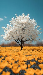 Blooming tree White blossoms contrast yellow meadow under blue sky