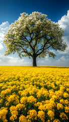 Blooming tree above yellow flowers