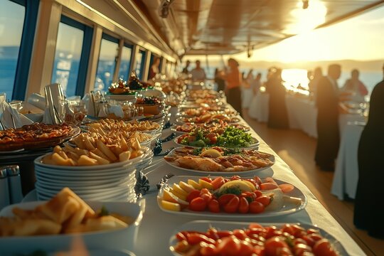All Inclusive Culinary Cruise Buffet Table with Salad, Pastries, and Meat Platters