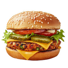 Delicious Crispy Chicken Burger with Cheese, Fresh Lettuce, Tomato, Pickles, and Creamy Sauce in a Sesame Seed Bun &ndash; Isolated on Transparent Background for Food Packaging, Advertising and Menu Design