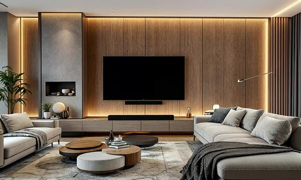 Modern Living Room Entertainment Wall Design with LED Lighting