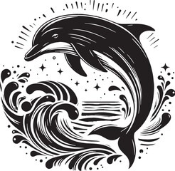 Black Color Dolphin Silhouette Vector Illustration, Solid White Background