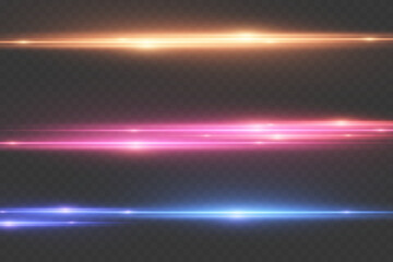 Set of horizontal light effects, flash beam. On a transparent background.