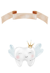 Baby tooth watercolor card. Cute cartoon molar with crown and a sign for the inscription on isolated white background. Dental clip art. Ideal for cards and invitations to the party baby's first tooth