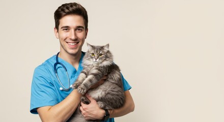 Smiling young male veterinarian holding a gray cat against a beige background