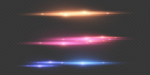 Obraz premium Set of horizontal light effects, flash beam. On a transparent background.