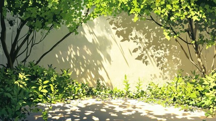 Fototapeta premium Beautiful garden with sunlight casting shadows through trees creating a dappled effect on the ground and wall illustration