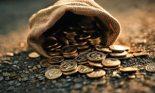 Close-up of a bag of ancient coins lying on cobblestones. Numismatics - silver coins. Treasure hunt. Biblical theme - thirty pieces of silver paid to Judas for betraying Jesus.Copy cpace
